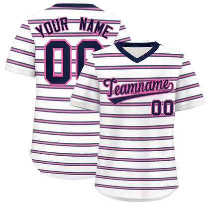 Custom White Navy-Pink Personalized Horizontal Stripe Authentic Pullover Baseball Jersey