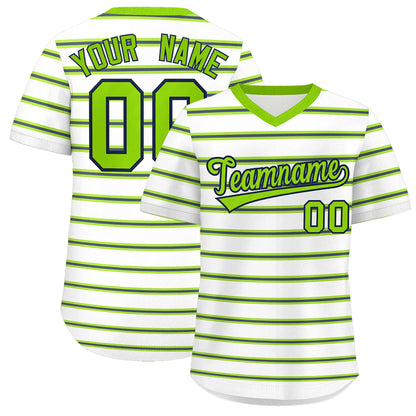 Custom White Neon Green-Navy Personalized Horizontal Stripe Authentic Pullover Baseball Jersey