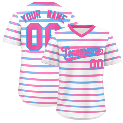 Custom White Pink-Powder Blue Personalized Horizontal Stripe Authentic Pullover Baseball Jersey