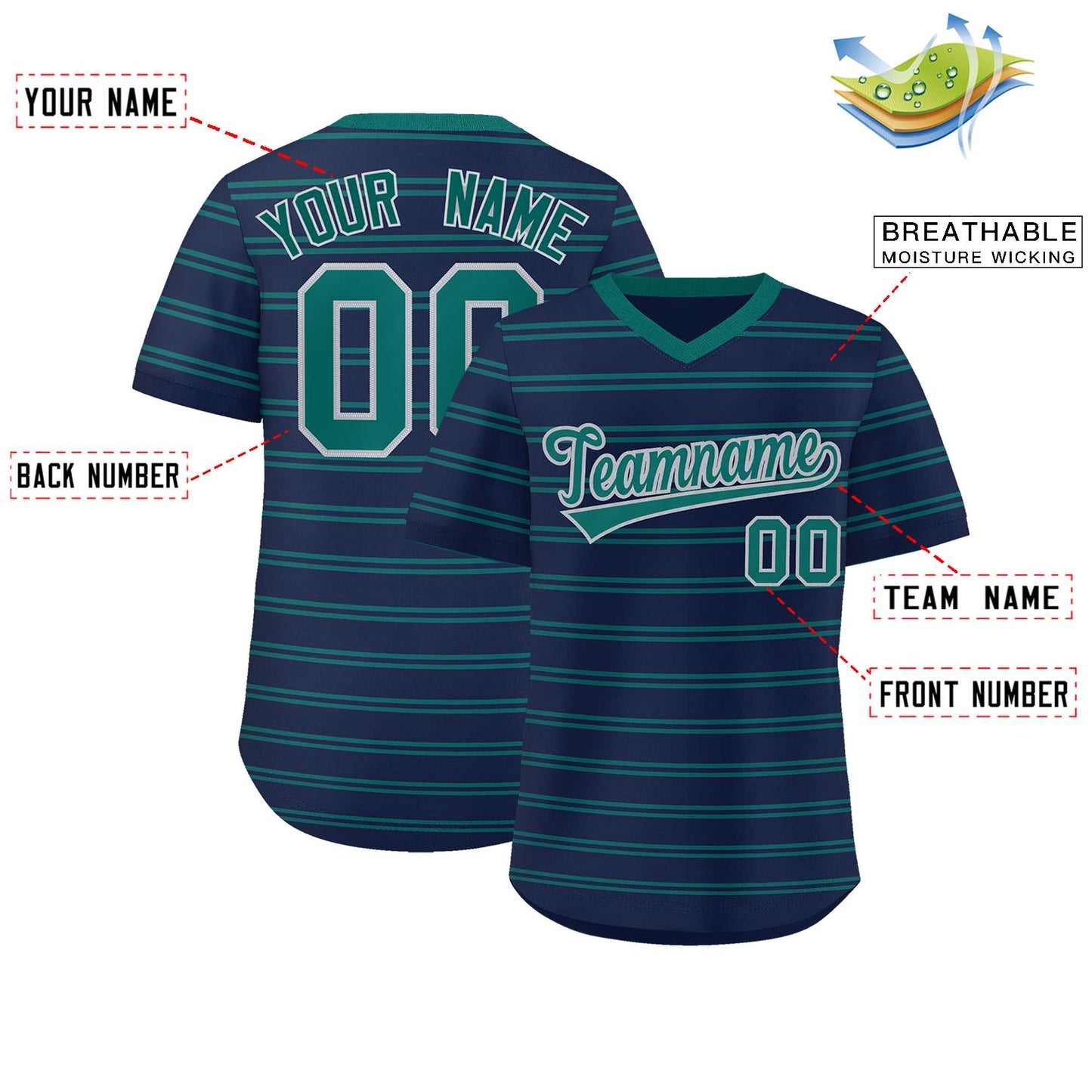 Custom Navy Aqua Personalized Horizontal Stripe Authentic Pullover Baseball Jersey