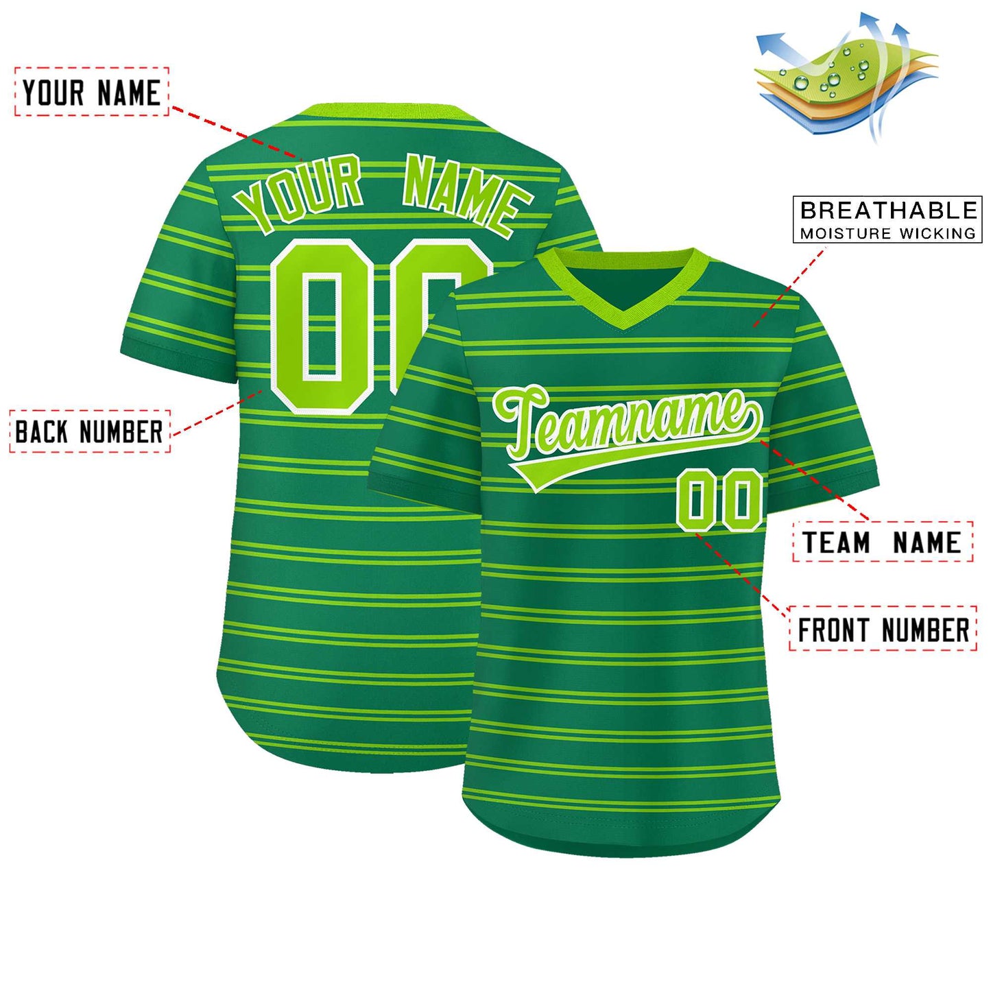 Custom Kelly Green Neon Green Personalized Horizontal Stripe Authentic Pullover Baseball Jersey