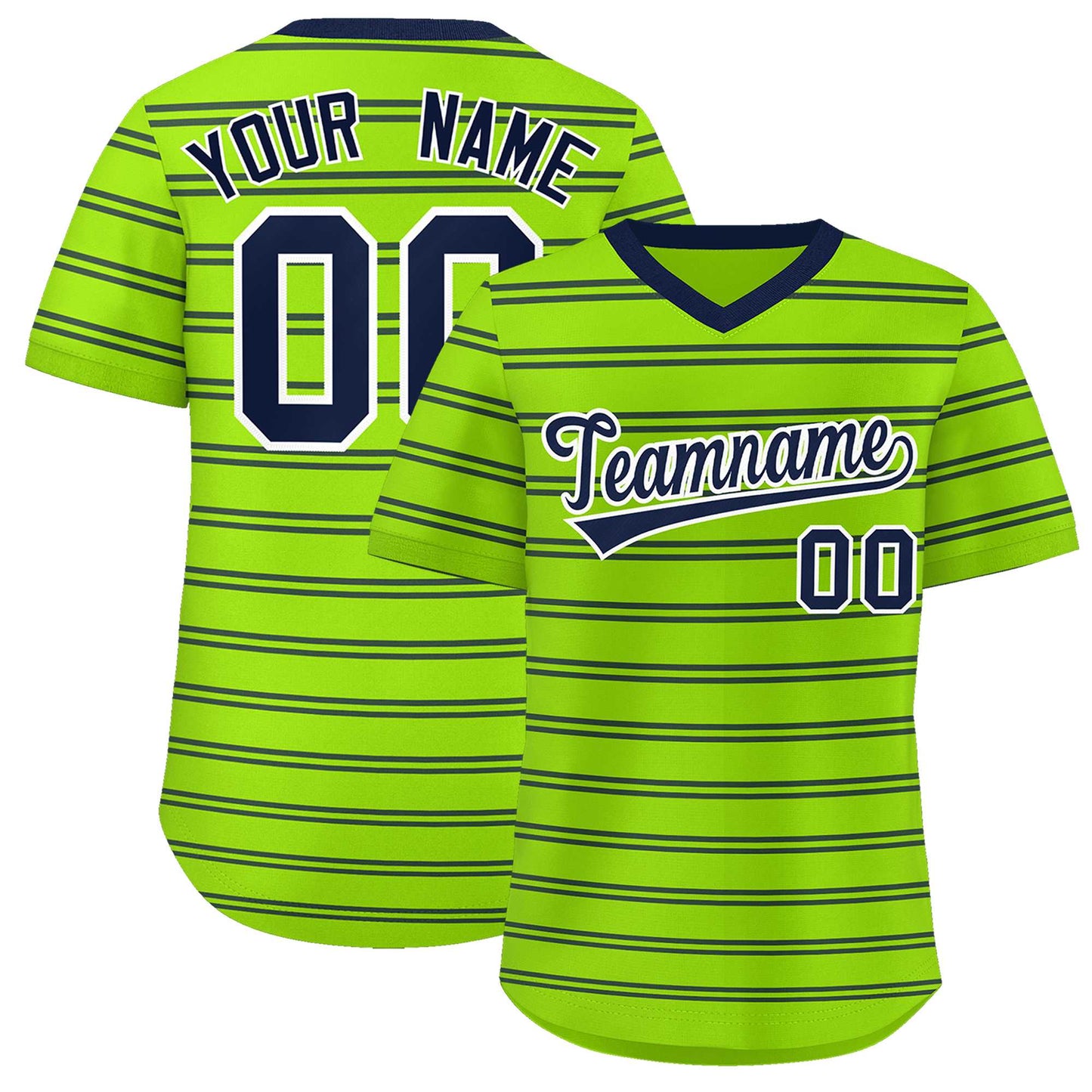 Custom Neon Green Navy Personalized Horizontal Stripe Authentic Pullover Baseball Jersey