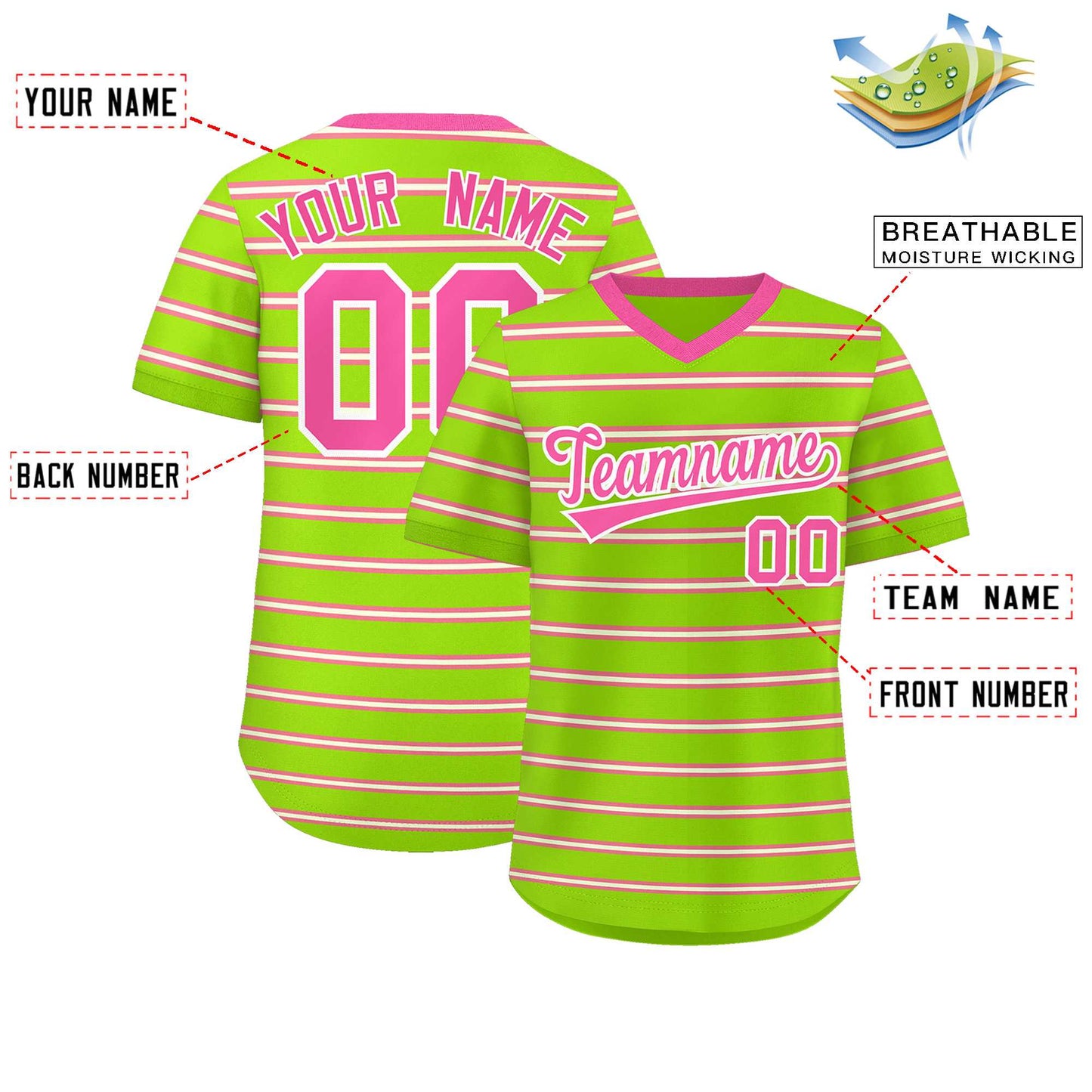 Custom Neon Green Pink-White Personalized Horizontal Stripe Authentic Pullover Baseball Jersey