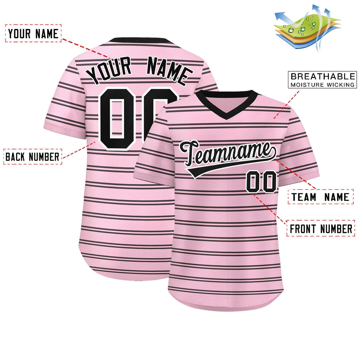 Custom Light Pink Black Personalized Horizontal Stripe Authentic Pullover Baseball Jersey