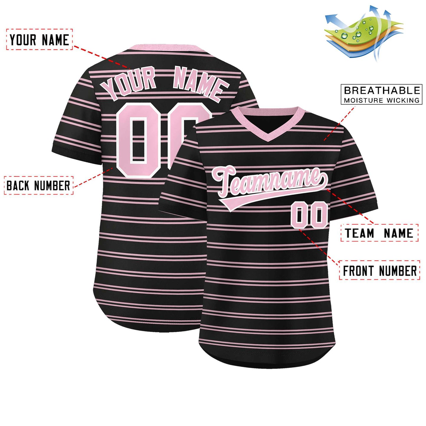 Custom Black Light Pink Personalized Horizontal Stripe Authentic Pullover Baseball Jersey