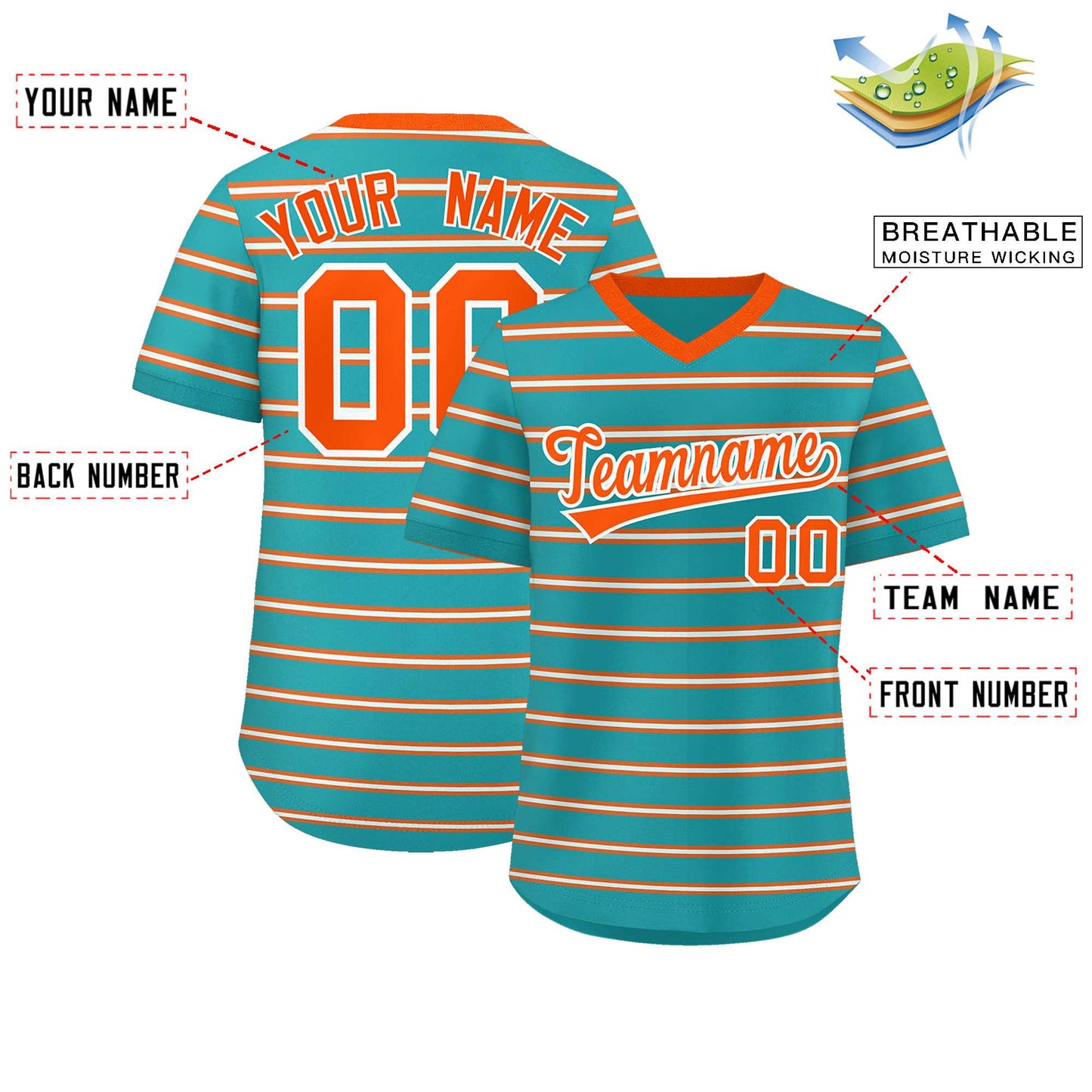 Custom Aqua Orange-White Personalized Horizontal Stripe Authentic Pullover Baseball Jersey