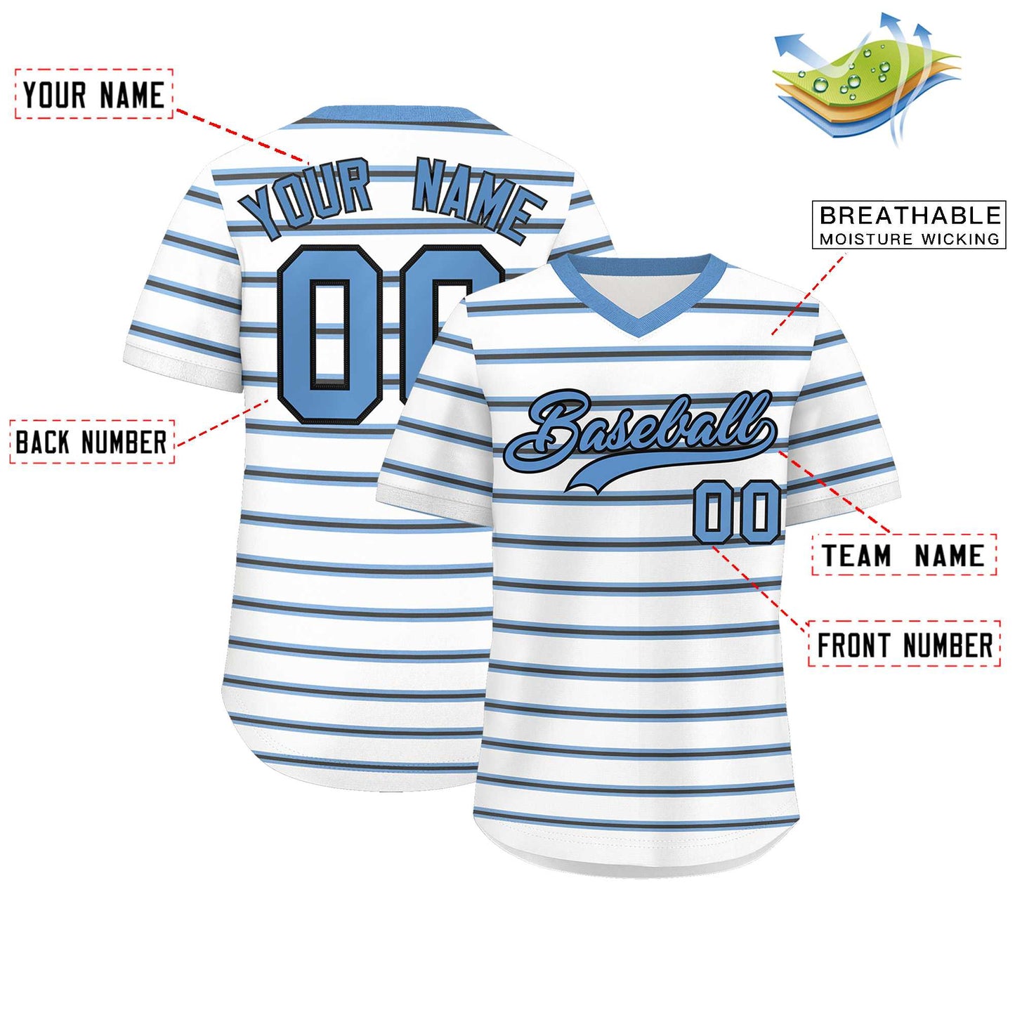 Custom White Light Blue-Black Personalized Horizontal Stripe Authentic Pullover Baseball Jersey