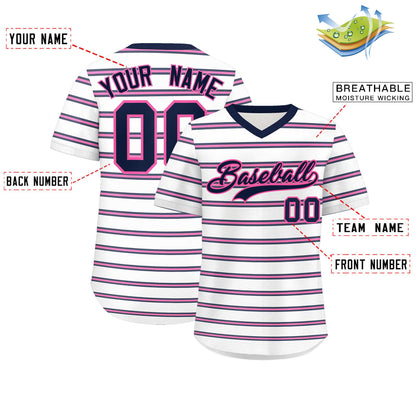 Custom White Navy-Pink Personalized Horizontal Stripe Authentic Pullover Baseball Jersey