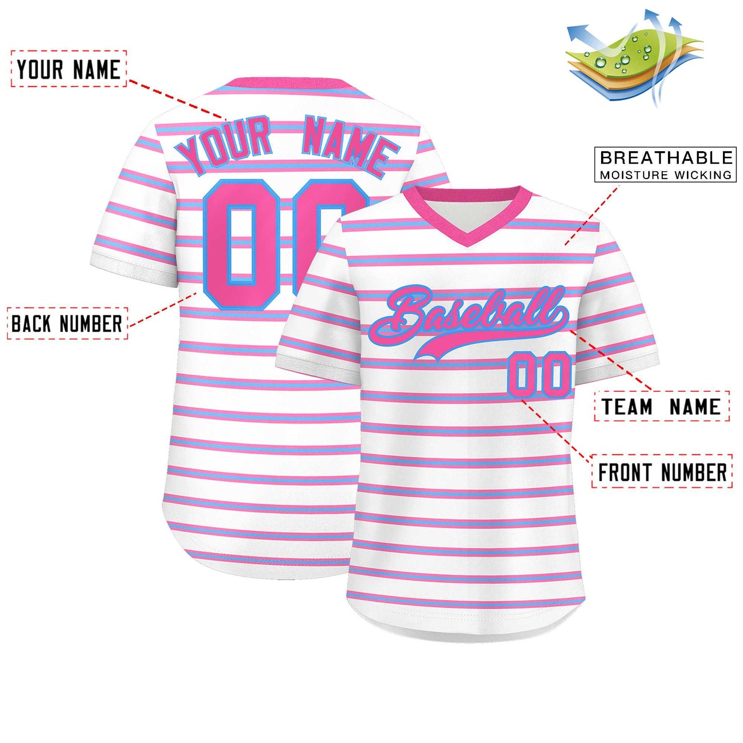 Custom White Pink-Powder Blue Personalized Horizontal Stripe Authentic Pullover Baseball Jersey