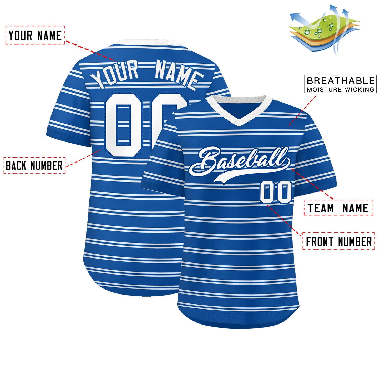 Custom Royal White Personalized Horizontal Stripe Authentic Pullover Baseball Jersey