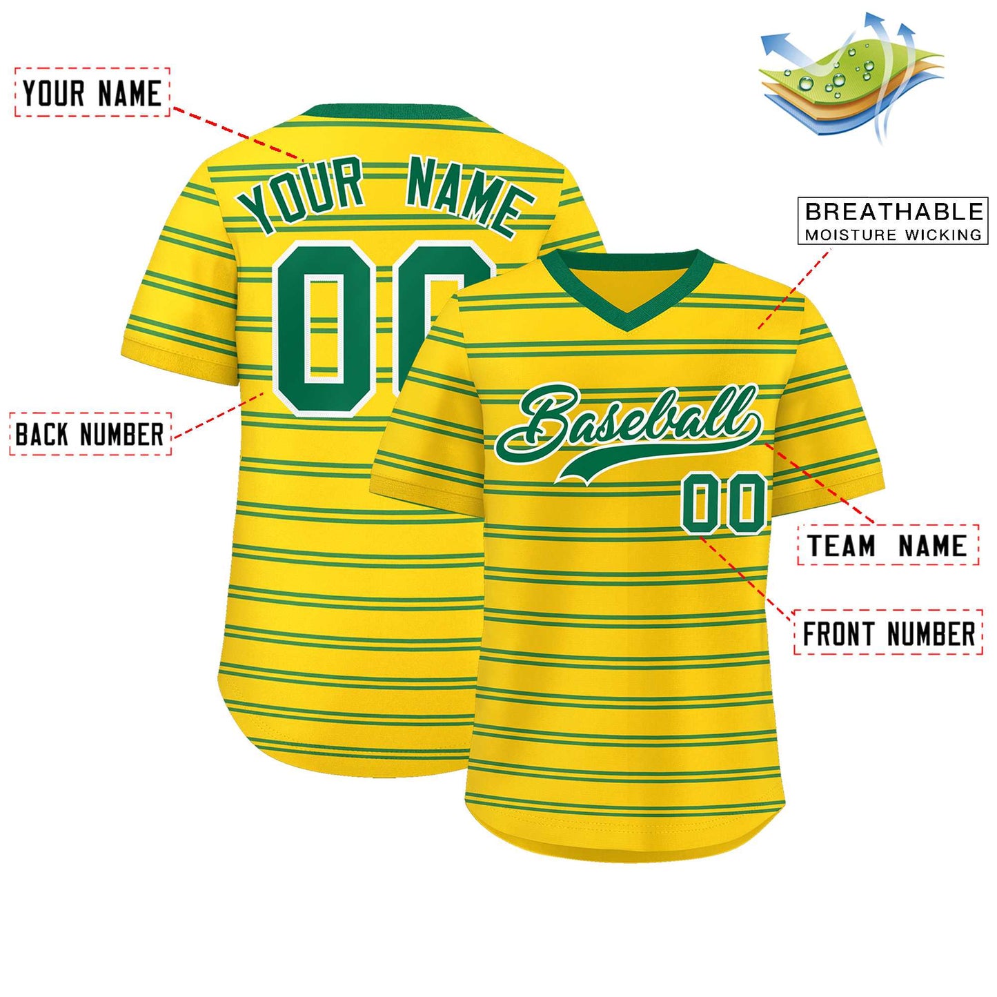 Custom Gold Kelly Green Personalized Horizontal Stripe Authentic Pullover Baseball Jersey