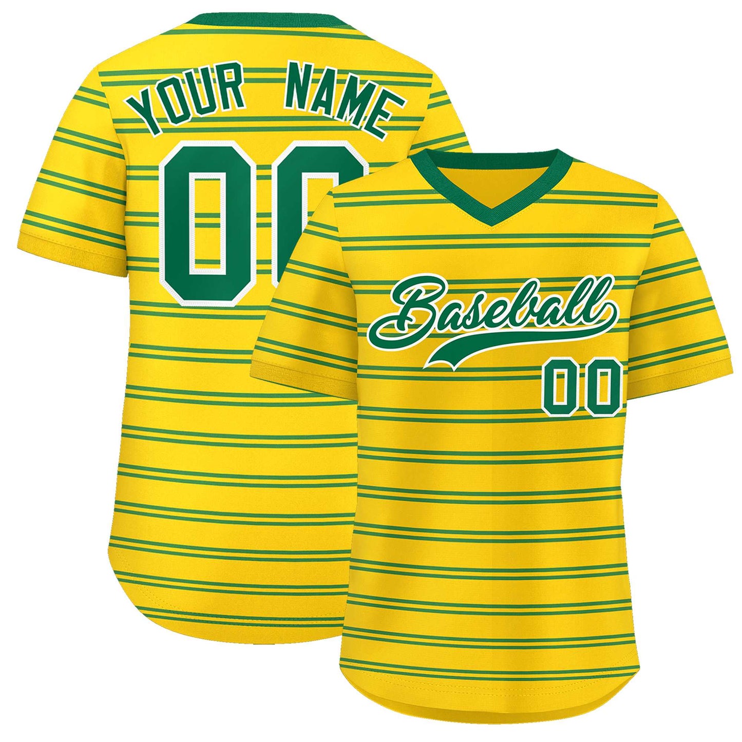 Custom Gold Kelly Green Personalized Horizontal Stripe Authentic Pullover Baseball Jersey