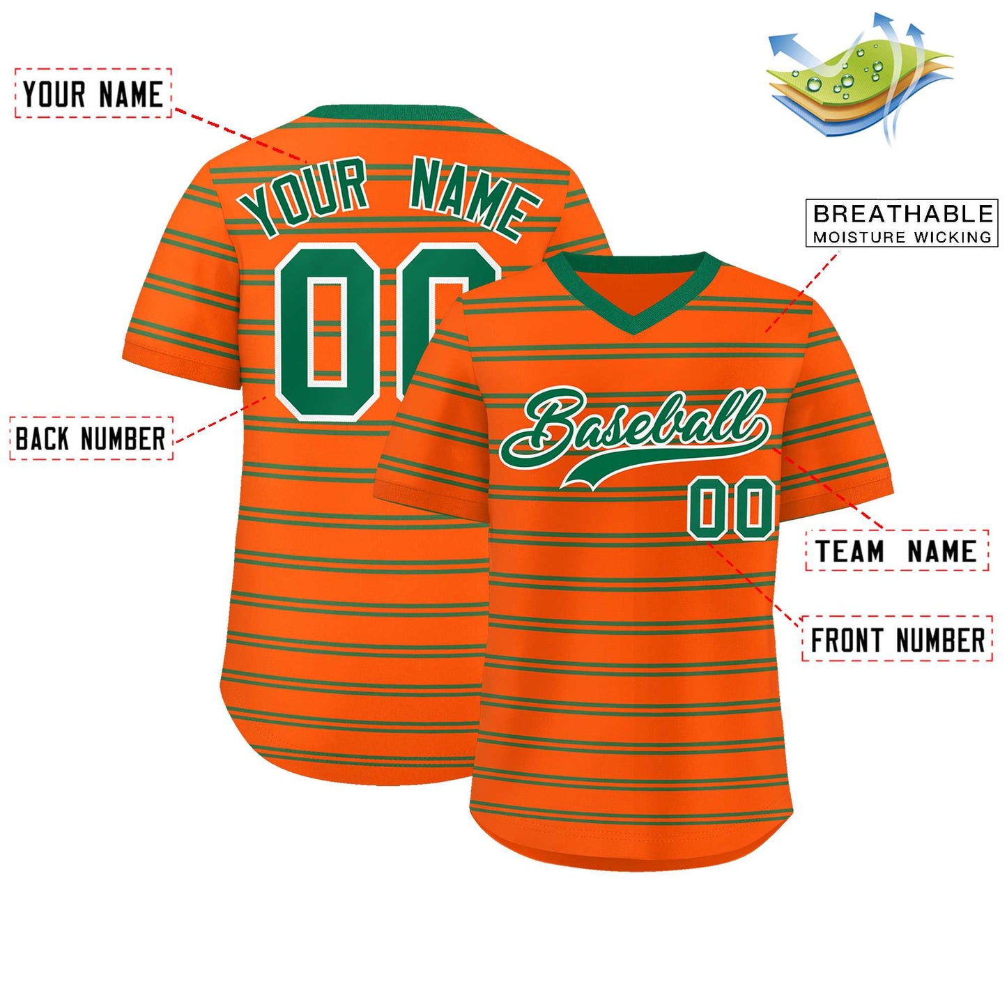 Custom Orange Kelly Green Personalized Horizontal Stripe Authentic Pullover Baseball Jersey