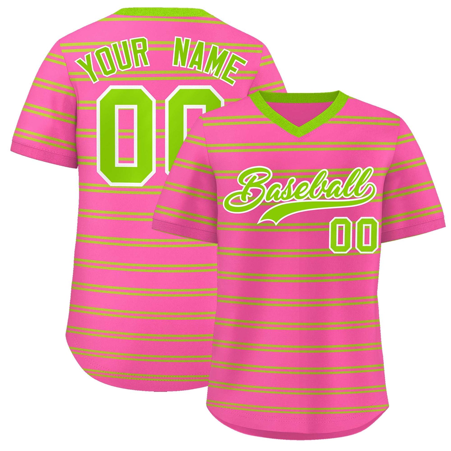 Custom Pink Neon Green Personalized Horizontal Stripe Authentic Pullover Baseball Jersey