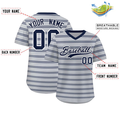 Custom Gray Navy Personalized Horizontal Stripe Authentic Pullover Baseball Jersey