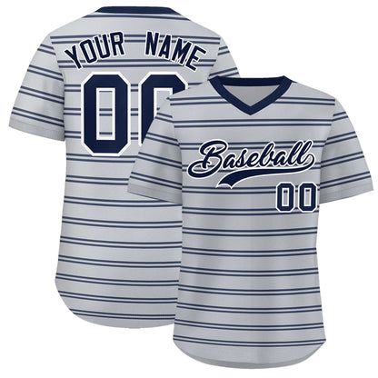 Custom Gray Navy Personalized Horizontal Stripe Authentic Pullover Baseball Jersey