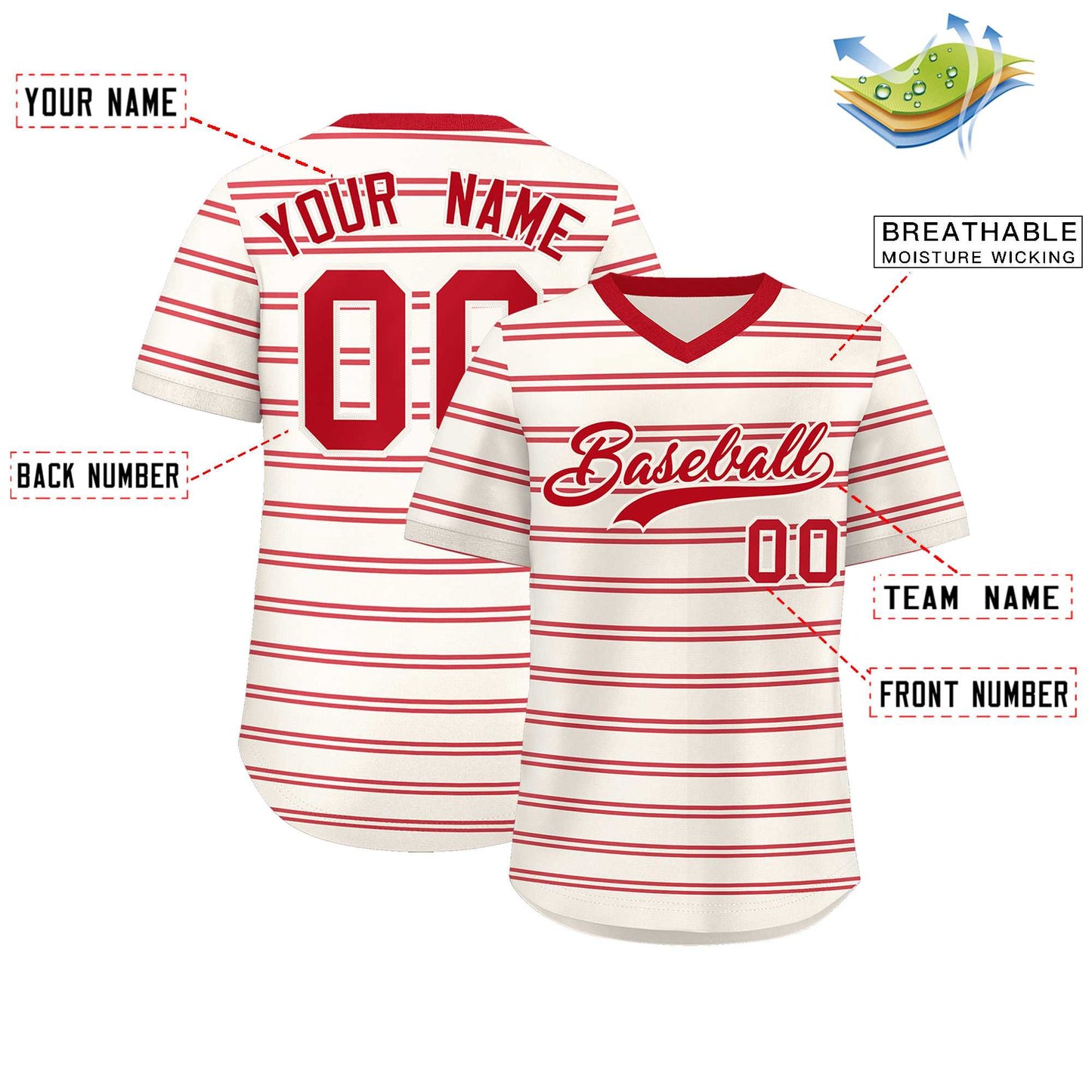 Custom Cream Red Personalized Horizontal Stripe Authentic Pullover Baseball Jersey