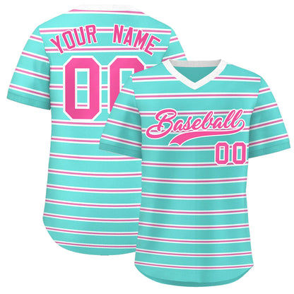 Custom Bright Green White-Pink Personalized Horizontal Stripe Authentic Pullover Baseball Jersey