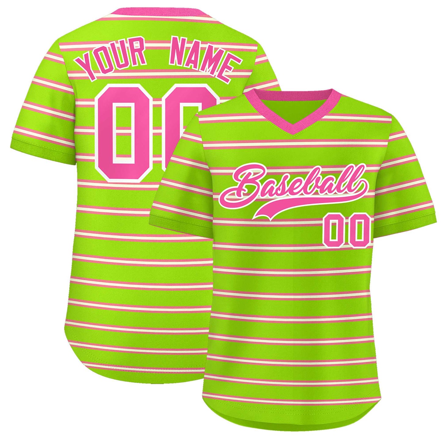 Custom Neon Green Pink-White Personalized Horizontal Stripe Authentic Pullover Baseball Jersey