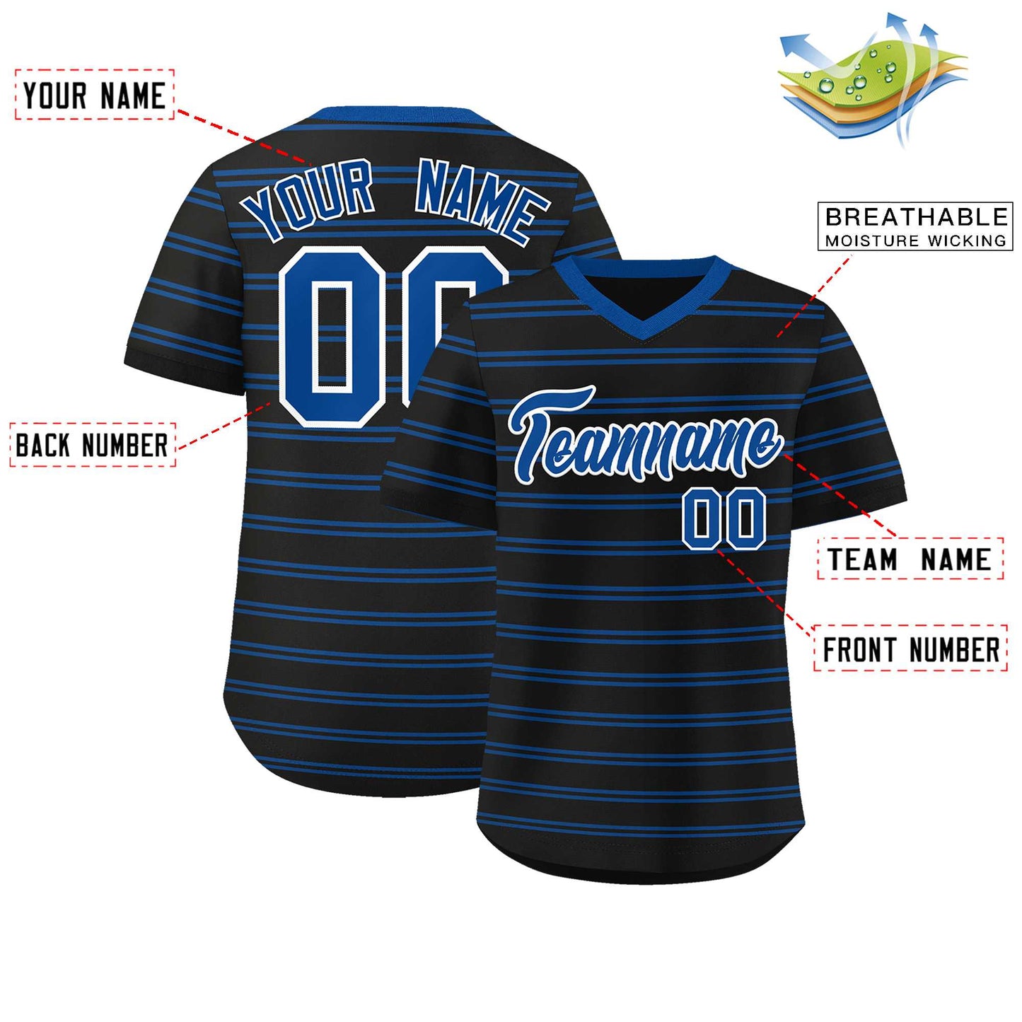 Custom Black Royal Personalized Horizontal Stripe Authentic Pullover Baseball Jersey