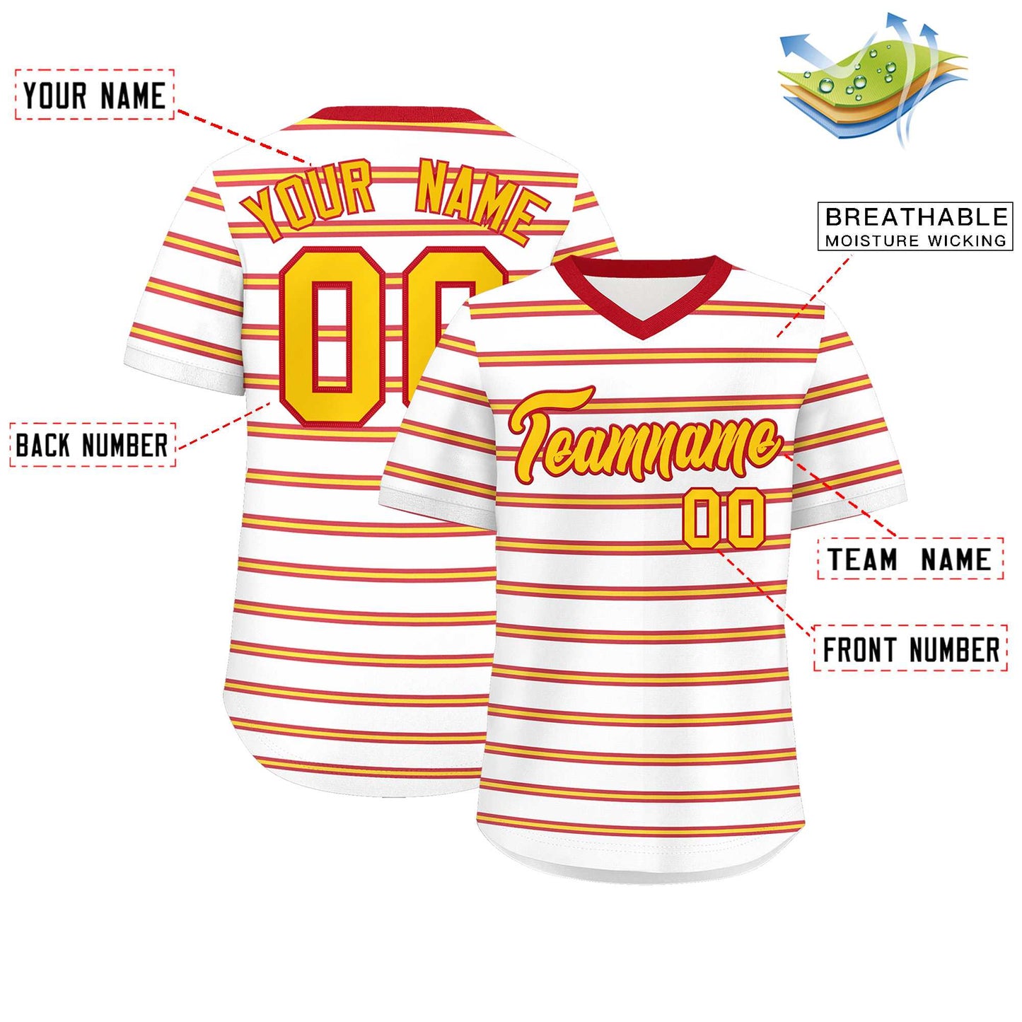 Custom White Red-Gold Personalized Horizontal Stripe Authentic Pullover Baseball Jersey