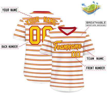 Custom White Red-Gold Personalized Horizontal Stripe Authentic Pullover Baseball Jersey