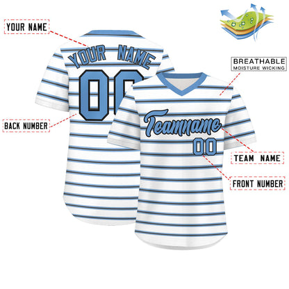 Custom White Light Blue-Black Personalized Horizontal Stripe Authentic Pullover Baseball Jersey