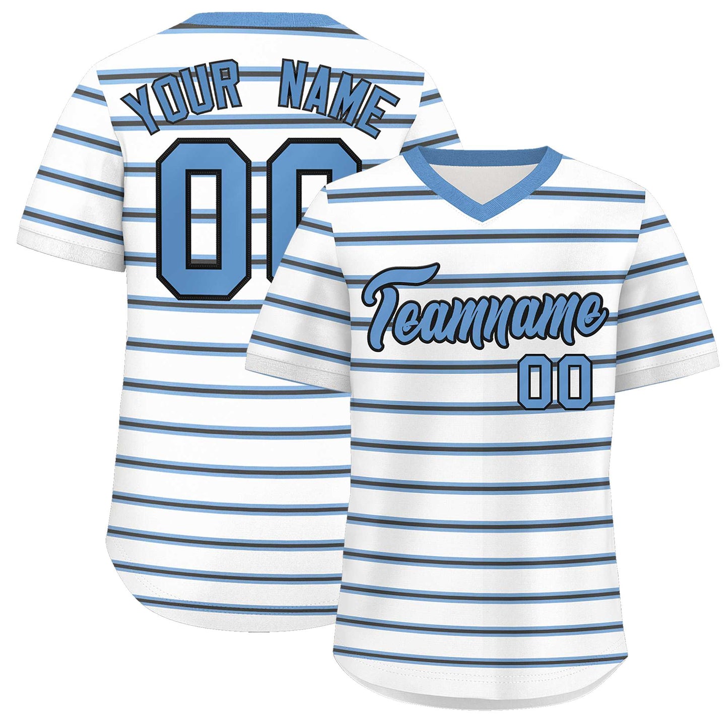 Custom White Light Blue-Black Personalized Horizontal Stripe Authentic Pullover Baseball Jersey