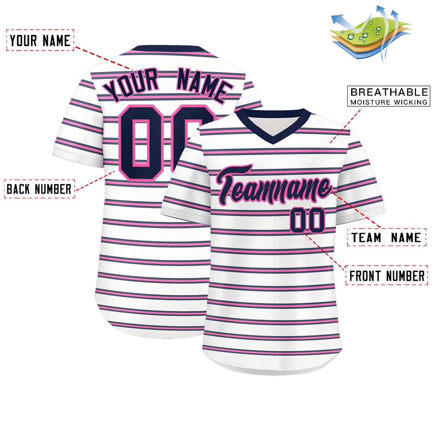 Custom White Navy-Pink Personalized Horizontal Stripe Authentic Pullover Baseball Jersey