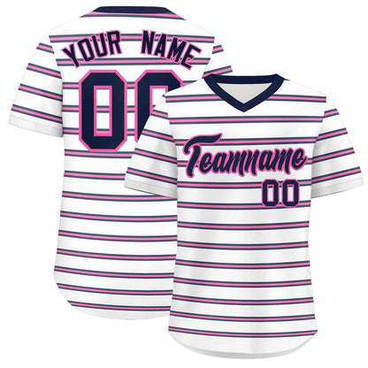 Custom White Navy-Pink Personalized Horizontal Stripe Authentic Pullover Baseball Jersey