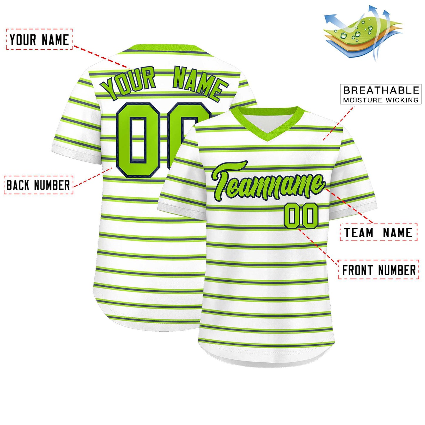 Custom White Neon Green-Navy Personalized Horizontal Stripe Authentic Pullover Baseball Jersey