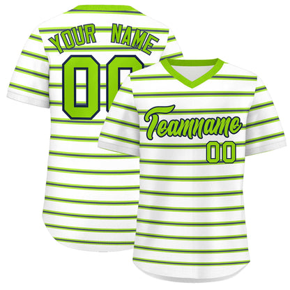 Custom White Neon Green-Navy Personalized Horizontal Stripe Authentic Pullover Baseball Jersey