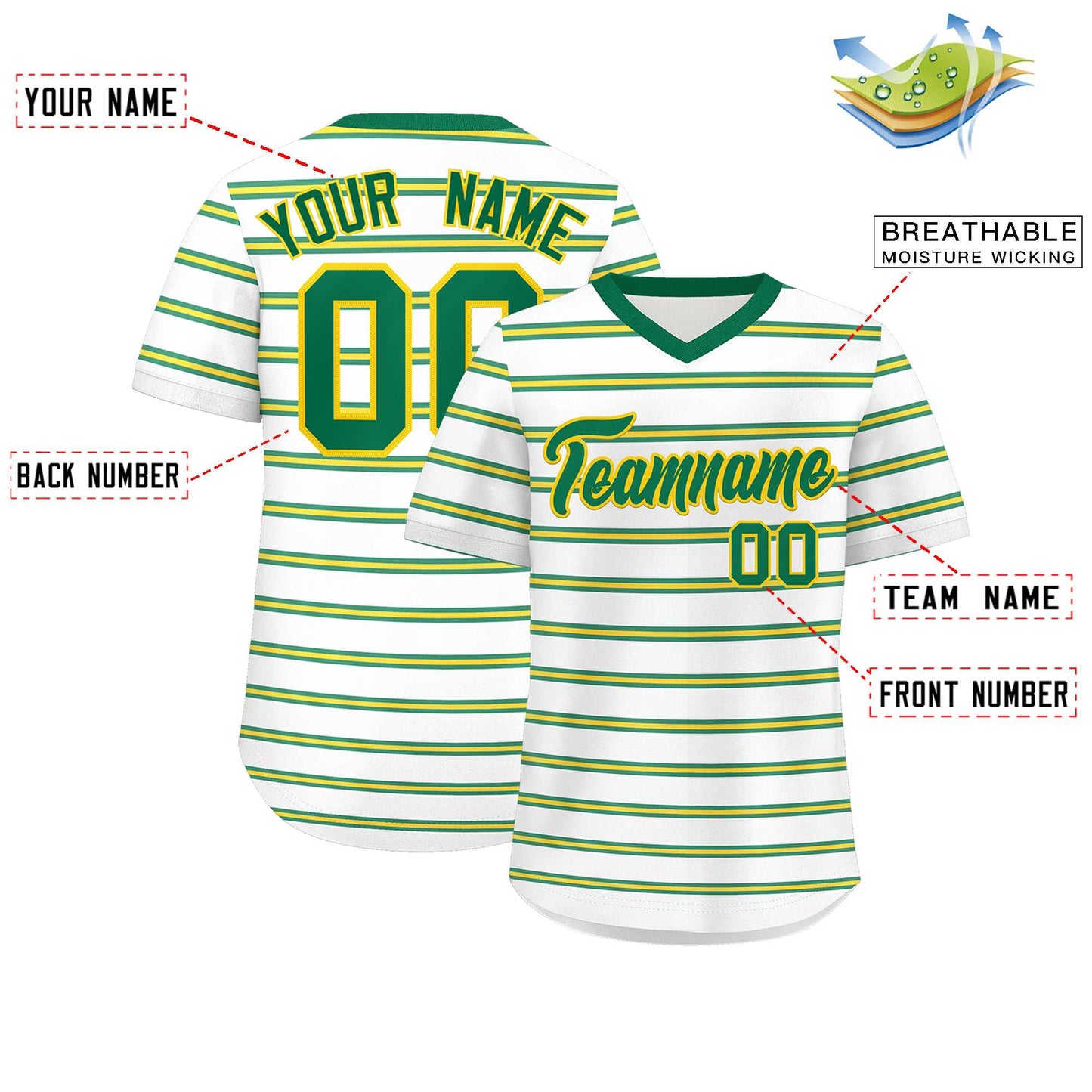 Custom White Kelly Green-Gold Personalized Horizontal Stripe Authentic Pullover Baseball Jersey