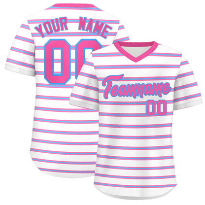 Custom White Pink-Powder Blue Personalized Horizontal Stripe Authentic Pullover Baseball Jersey