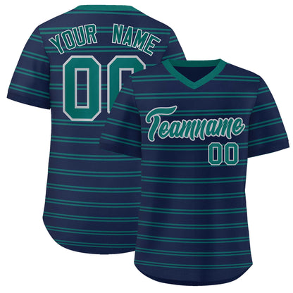 Custom Navy Aqua Personalized Horizontal Stripe Authentic Pullover Baseball Jersey