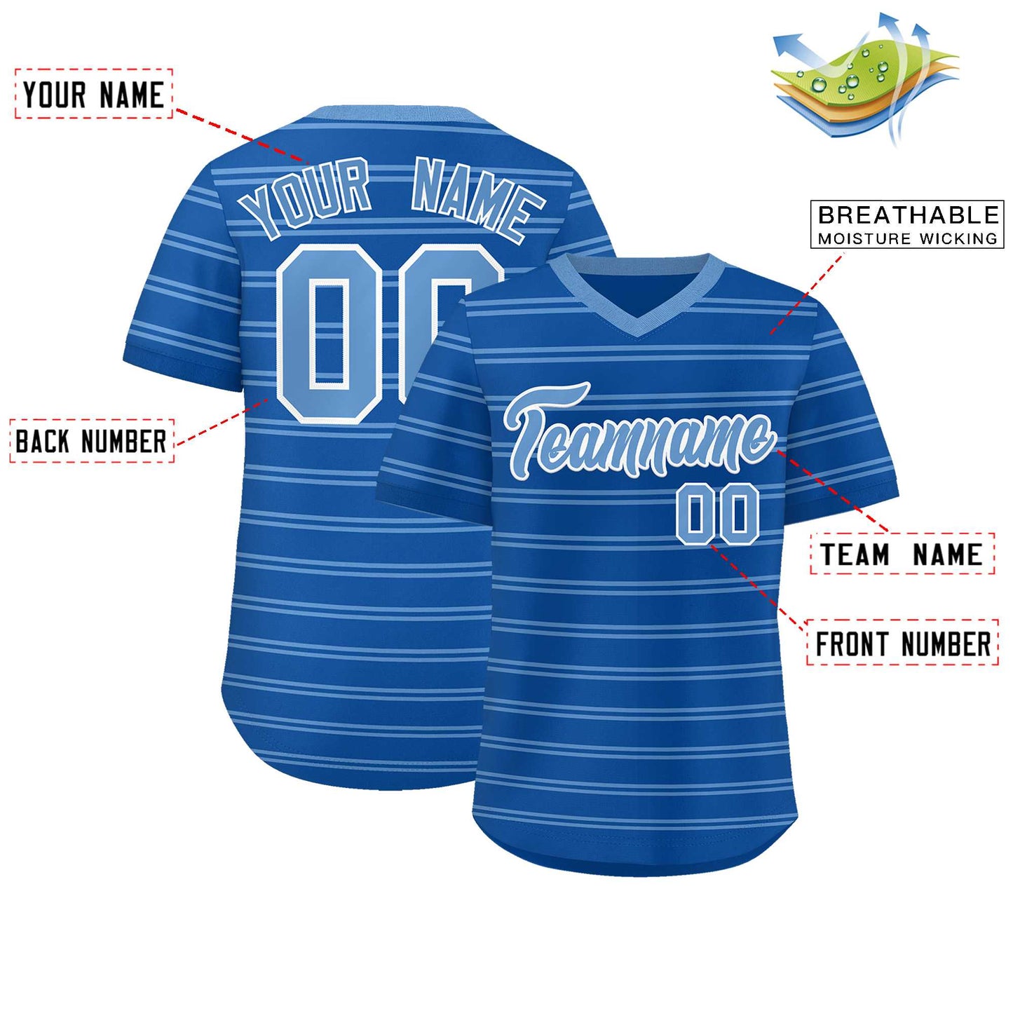 Custom Royal Light Blue Personalized Horizontal Stripe Authentic Pullover Baseball Jersey