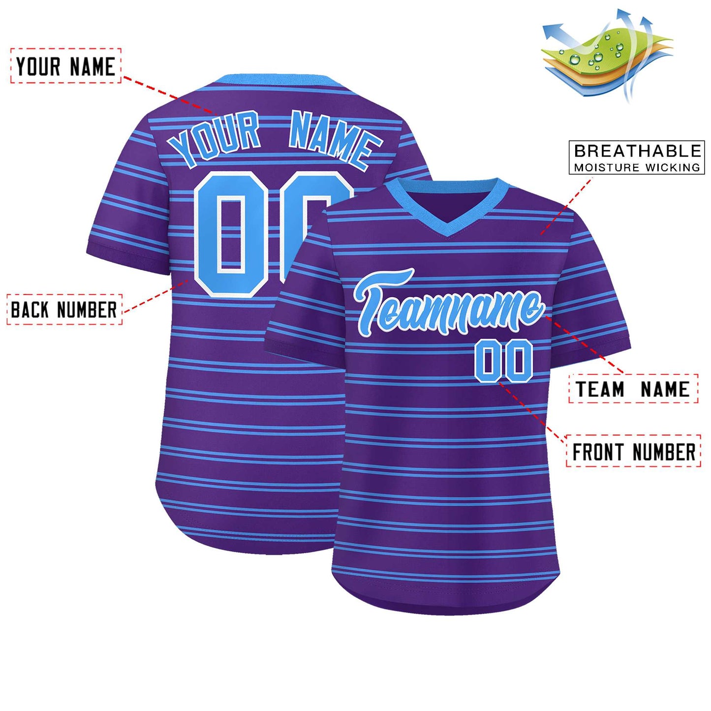 Custom Purple Powder Blue Personalized Horizontal Stripe Authentic Pullover Baseball Jersey