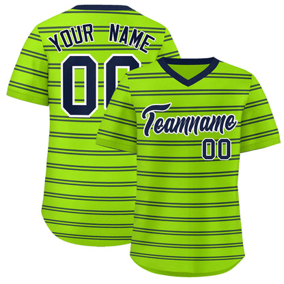 Custom Neon Green Navy Personalized Horizontal Stripe Authentic Pullover Baseball Jersey