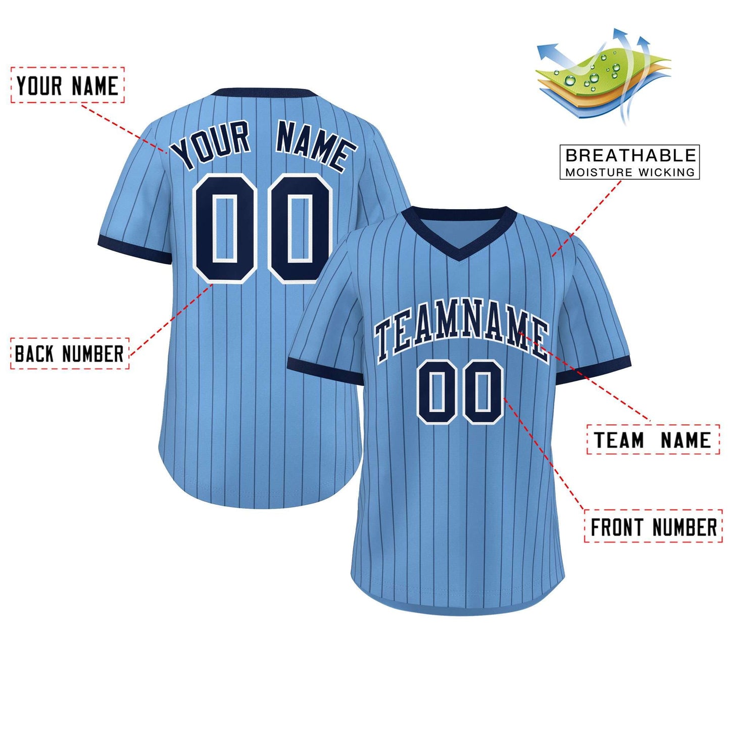 Custom Light Blue Navy Stripe Fashion Authentic Pullover Baseball Jersey