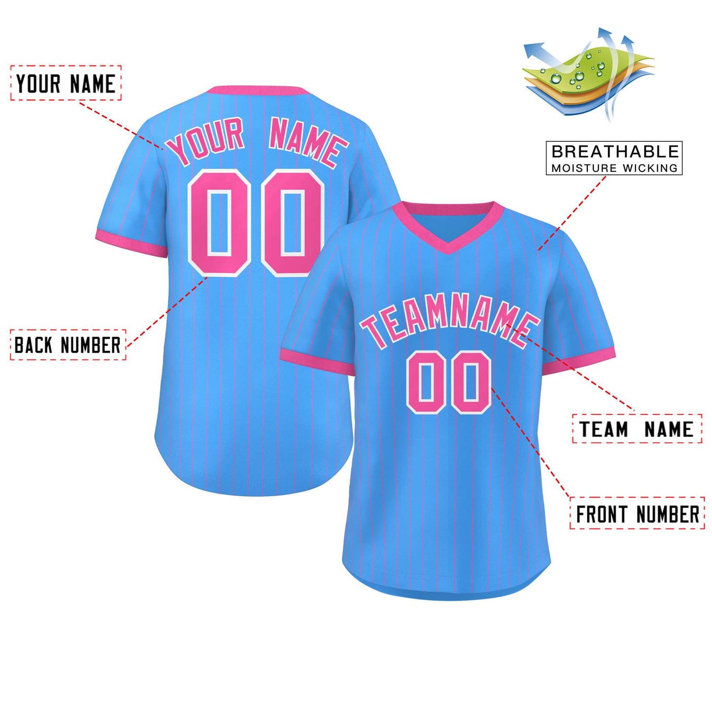 Custom Powder Blue Pink Stripe Fashion Authentic Pullover Baseball Jersey