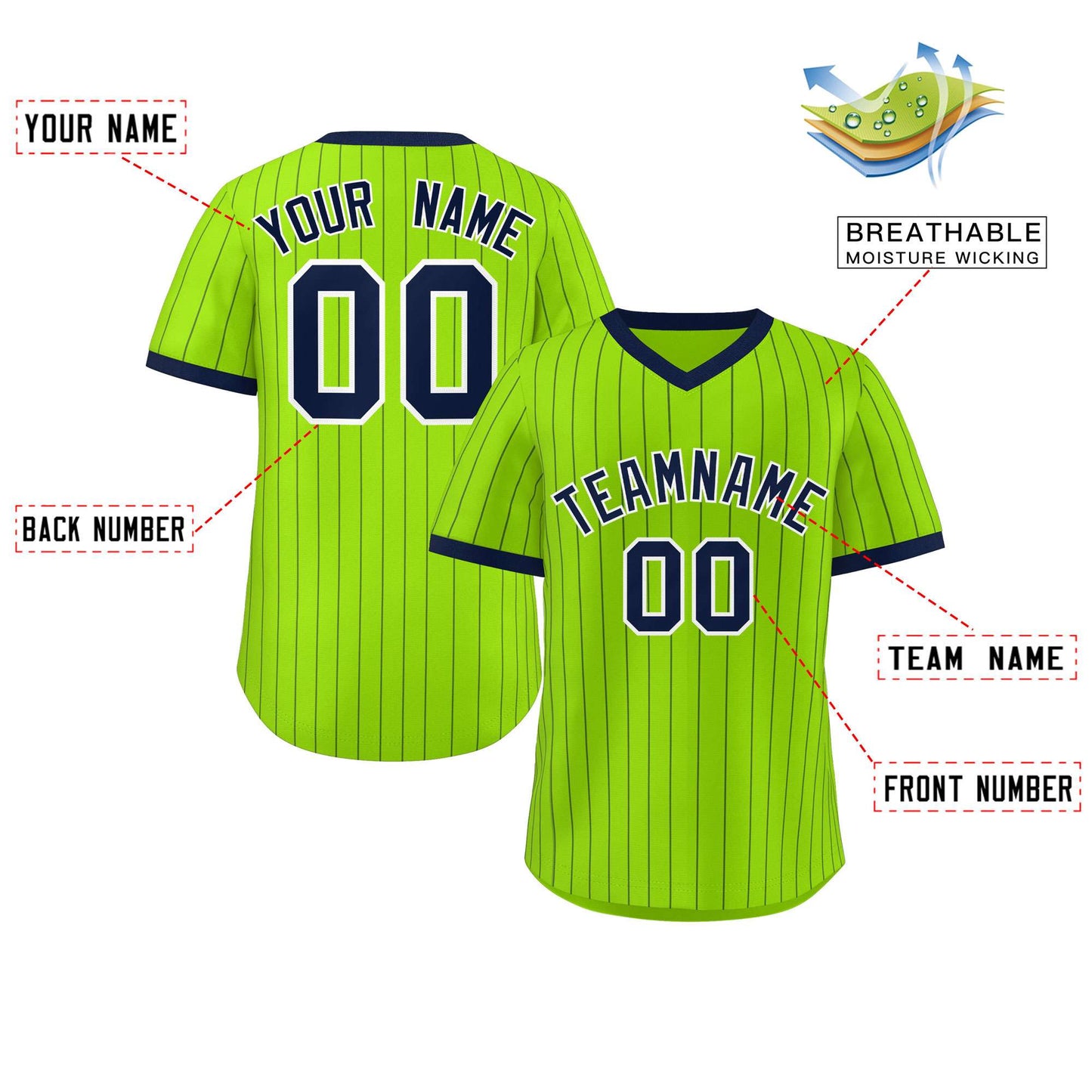 Custom Neon Green Navy Stripe Fashion Authentic Pullover Baseball Jersey