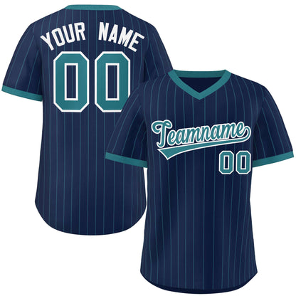 Custom Navy Aqua Stripe Fashion Authentic Pullover Baseball Jersey