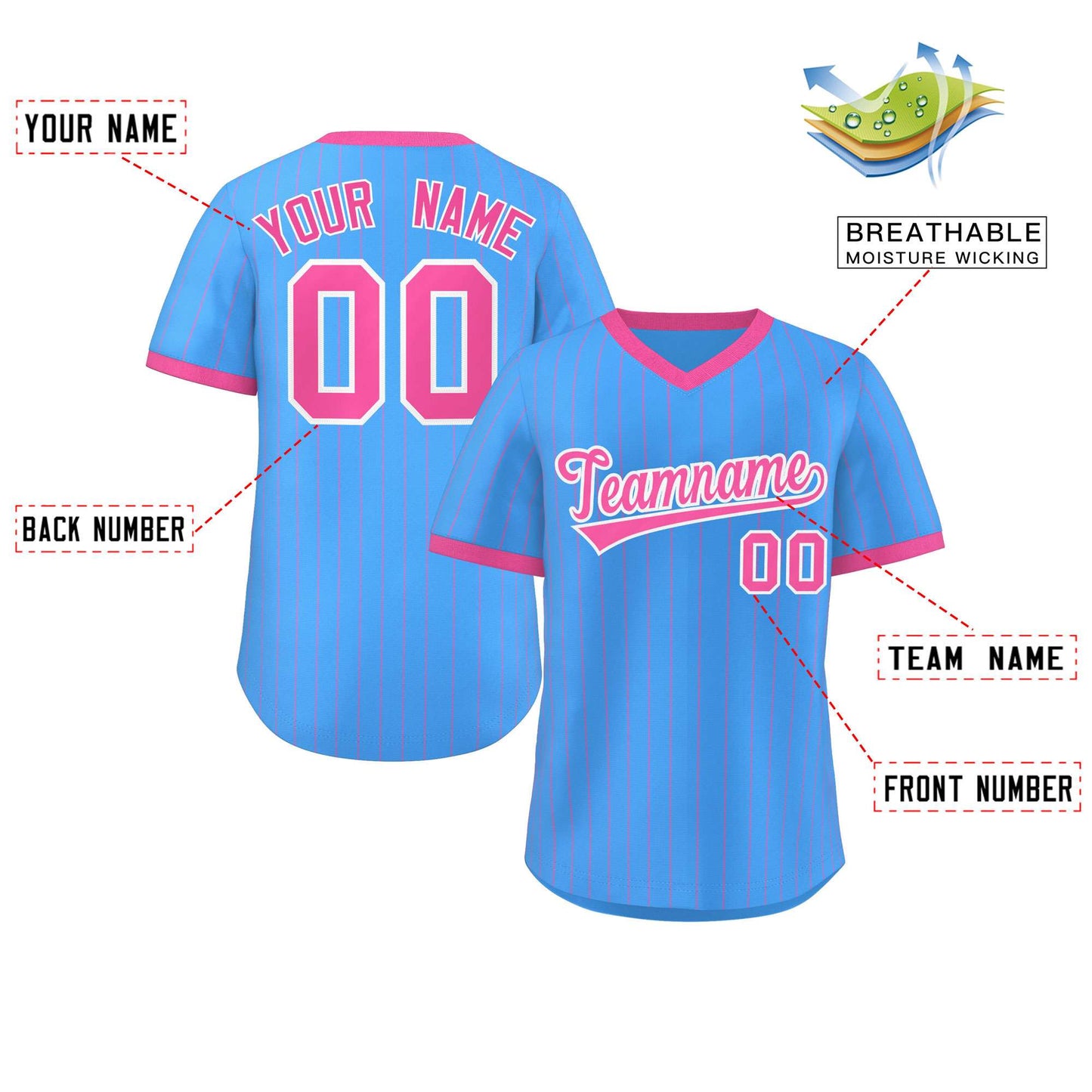 Custom Powder Blue Pink Stripe Fashion Authentic Pullover Baseball Jersey