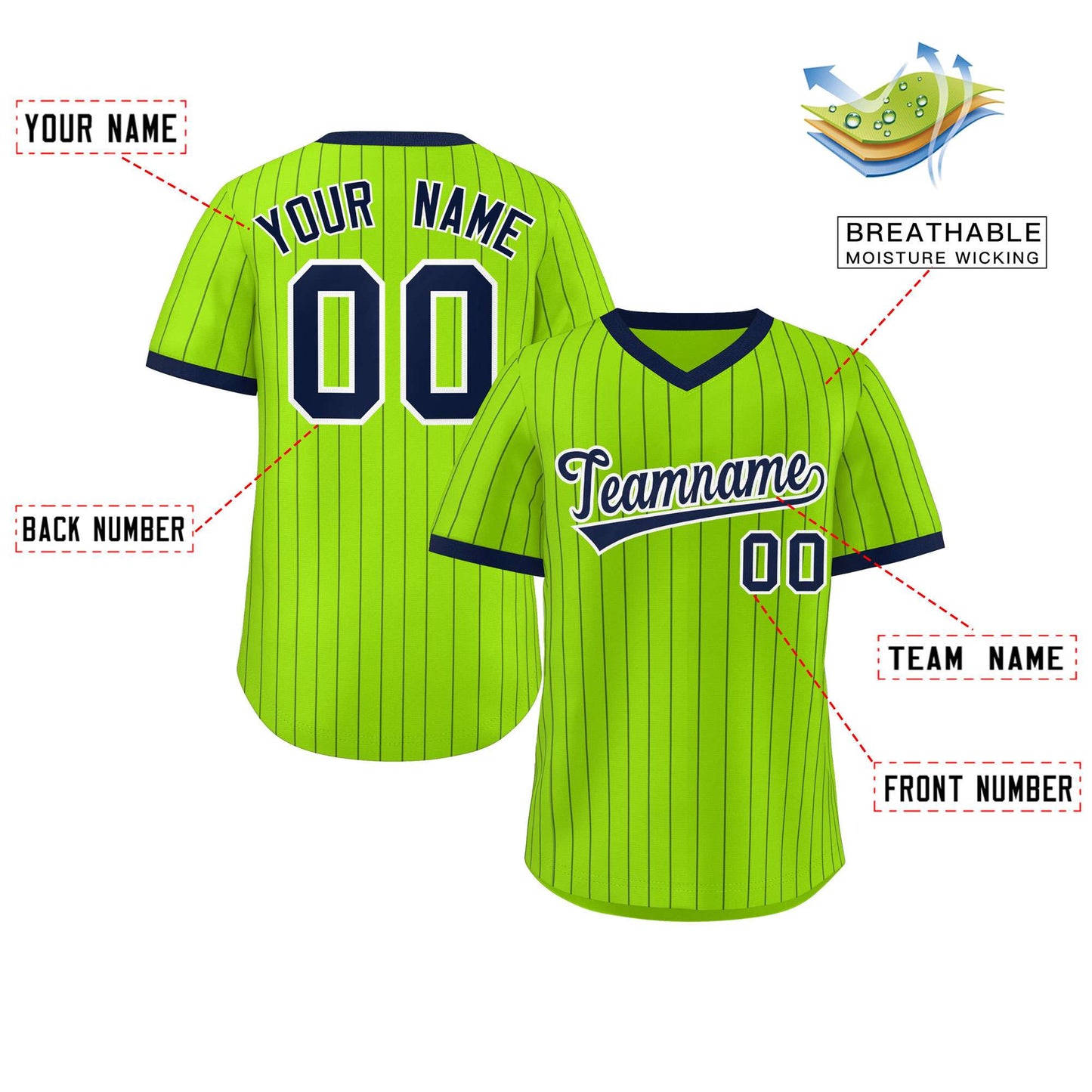 Custom Neon Green Navy Stripe Fashion Authentic Pullover Baseball Jersey