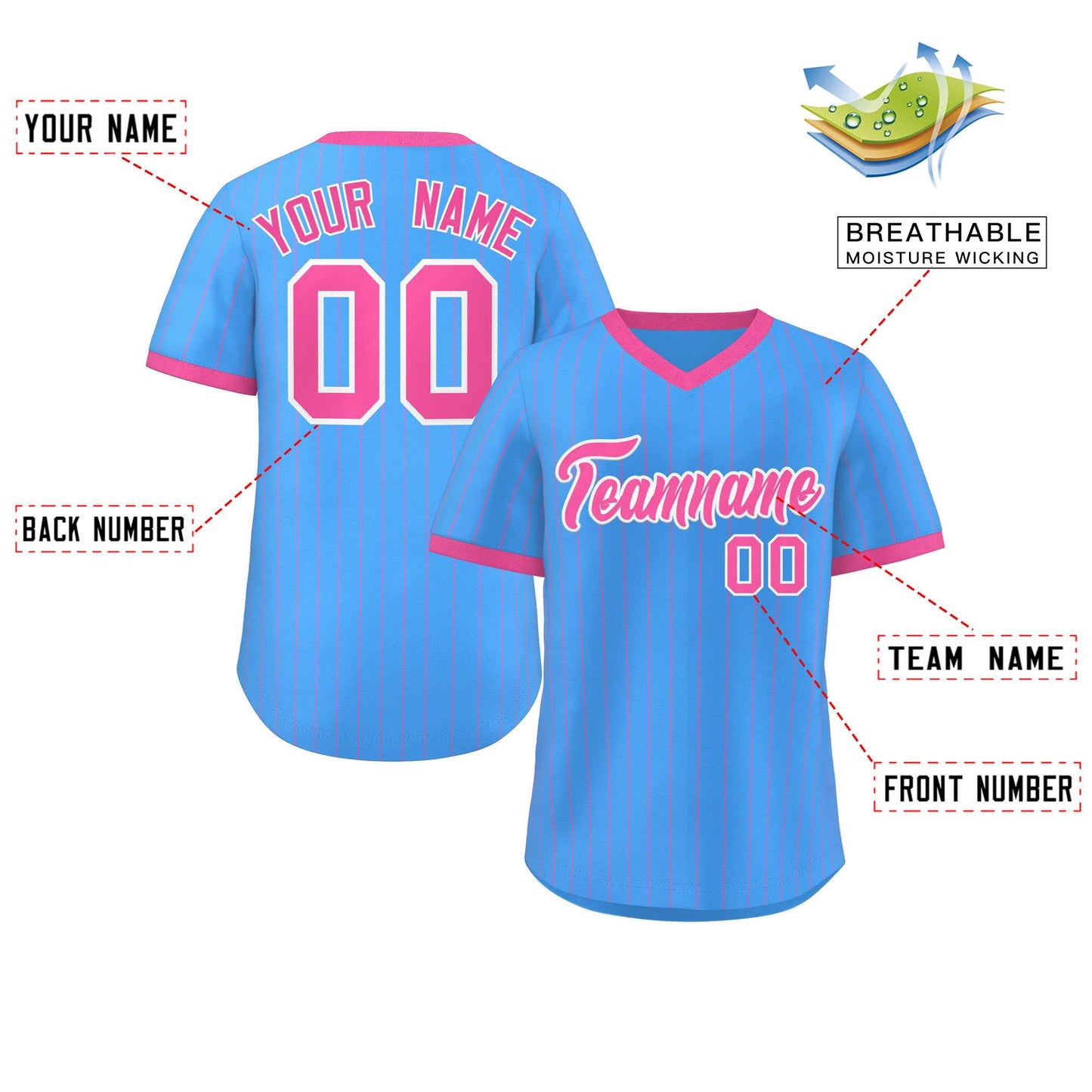 Custom Powder Blue Pink Stripe Fashion Authentic Pullover Baseball Jersey