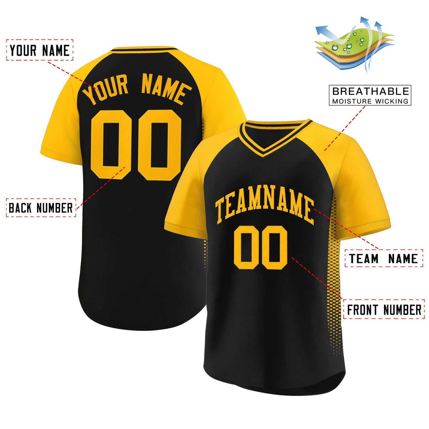 Custom Black Gold Raglan Sleeves Side Spot Authentic Pullover Baseball Jersey