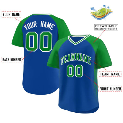 Custom Royal Kelly Green Raglan Sleeves Side Spot Authentic Pullover Baseball Jersey