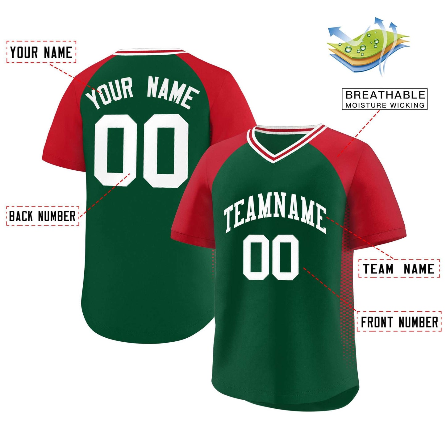 Custom Green Red Raglan Sleeves Side Spot Authentic Pullover Baseball Jersey