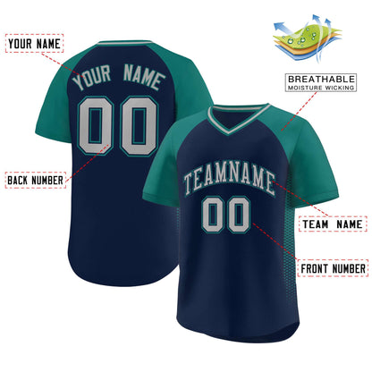 Custom Navy Aqua Raglan Sleeves Side Spot Authentic Pullover Baseball Jersey