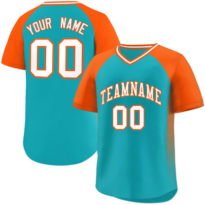 Custom Aqua Orange Raglan Sleeves Side Spot Authentic Pullover Baseball Jersey